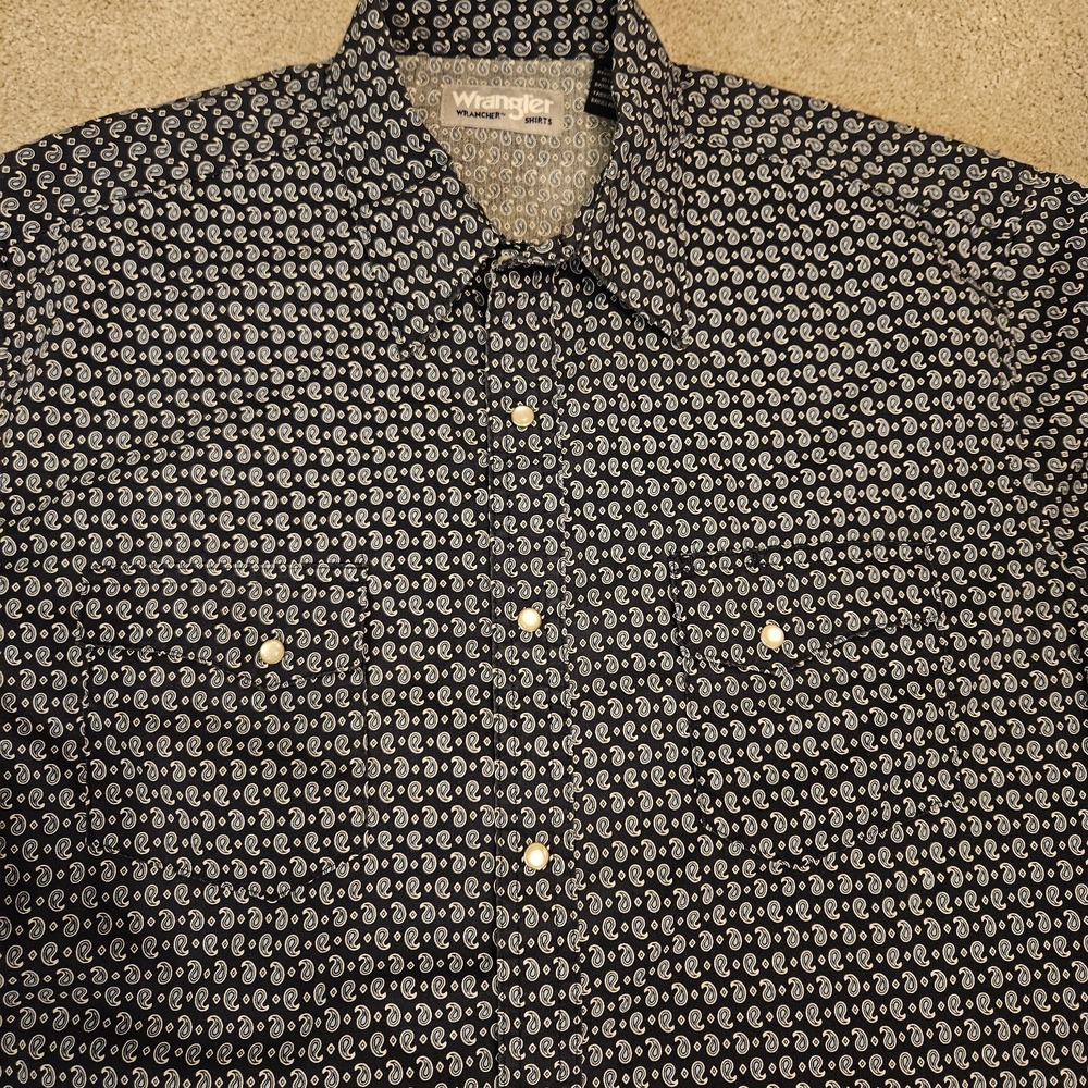 Wrangler Wrancher Pearl Snap Shirt Men's Large‎ L Blue White Paisley Western - Picture 2 of 7